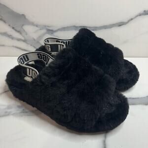 UGG Women’s Black Sherpa Shearling Slides Fluff Yeah Slippers Sz 7 Cozy